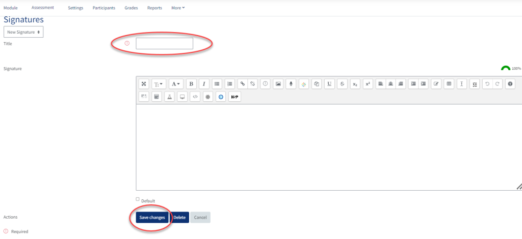 The screen to add a signature with signature title and save highlighted.